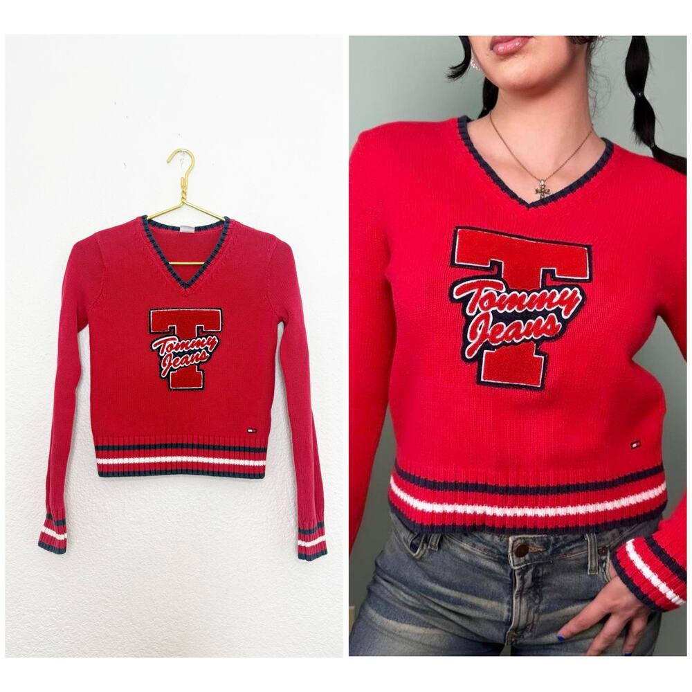Vintage Y2K Tommy Hilfiger Knit Varsity Sweater Size Small Logo Patch Red Preppy